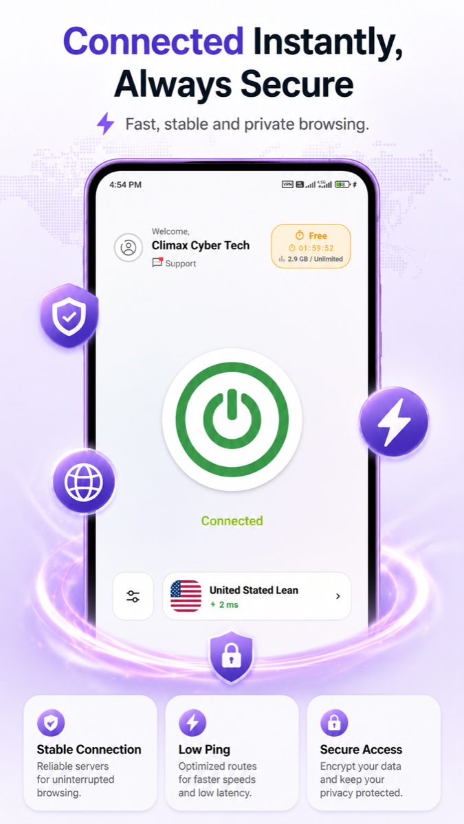 Climax VPN connected on Android, showing the one-tap connect button